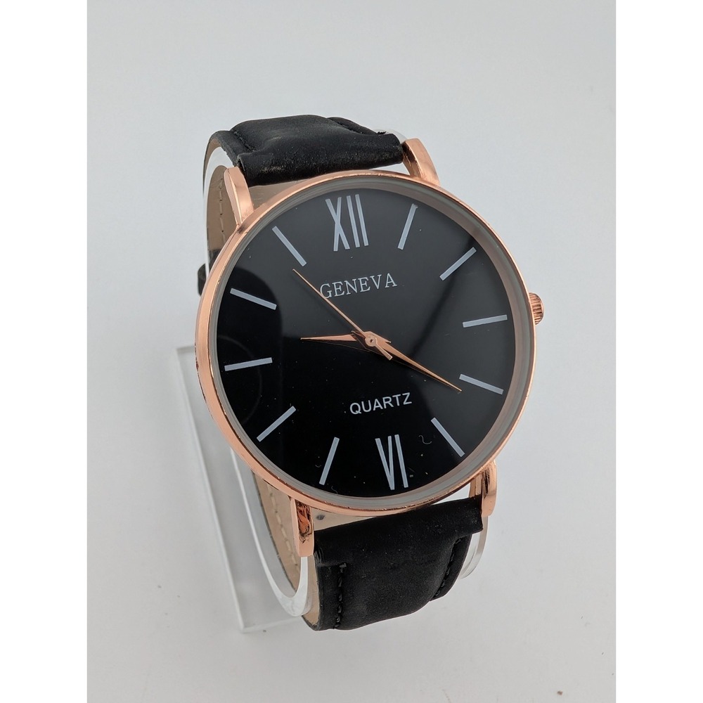 Geneva Watch Women 40mm Rose Gold Case Black Faux Leather Band- New Battery